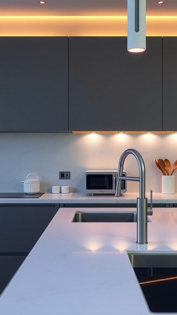 A modern kitchen countertop with smart technology features.