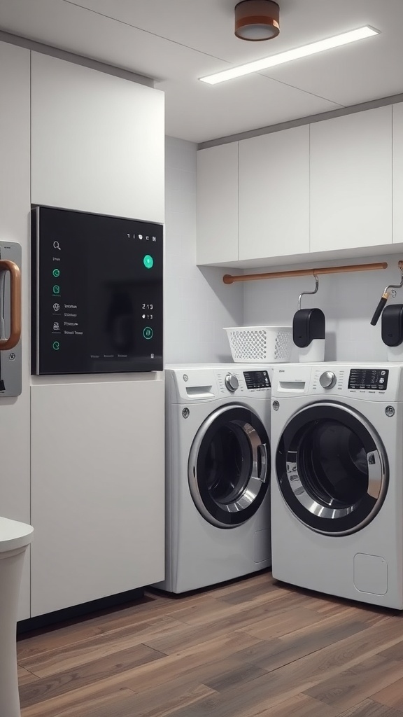 Modern laundry room with smart appliances and sleek design.