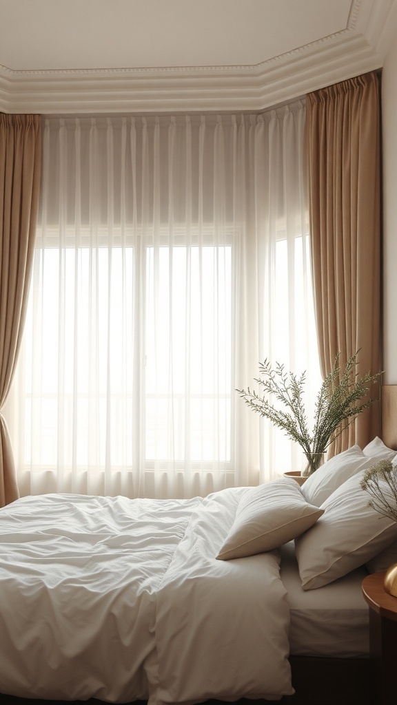 A serene bedroom with soft, neutral drapery and a cozy bed.