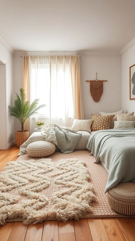 A serene sleep space featuring soft furnishings like a fluffy rug, cozy blankets, and plush pillows.