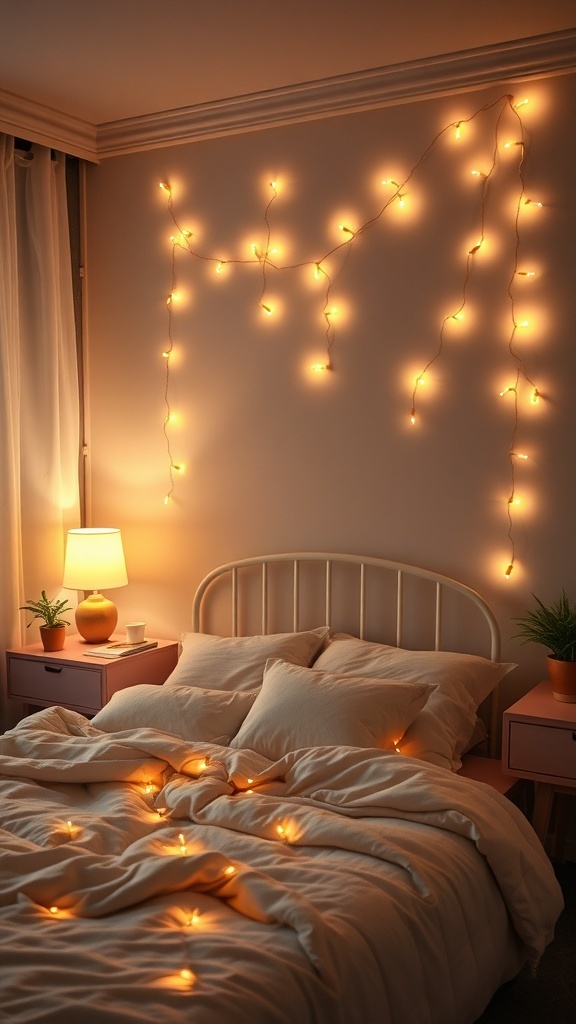 A cozy bedroom with soft lighting from string lights and a bedside lamp.