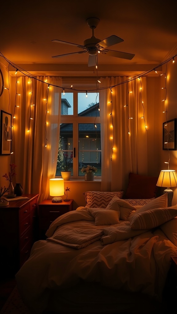 A cozy bedroom with soft lighting from string lights and lamps.