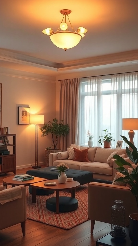 A cozy living room with soft lighting, featuring a warm ceiling light, floor lamp, and natural light from the windows.