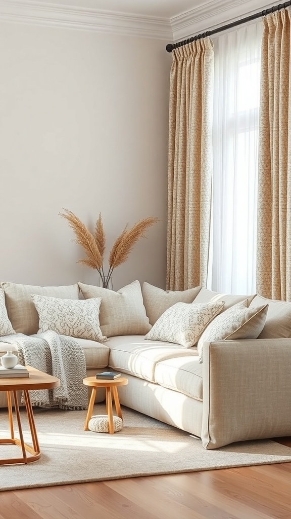 A cozy living room with a soft beige sofa, patterned cushions, and natural decor.