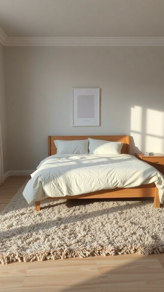 A cozy bedroom with a soft rug and a neatly made bed.