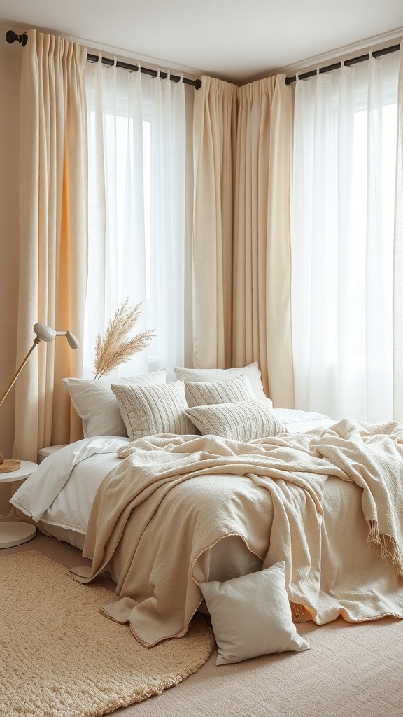 A serene bedroom featuring soft neutral textiles, including a cozy blanket, plush pillows, and light curtains.