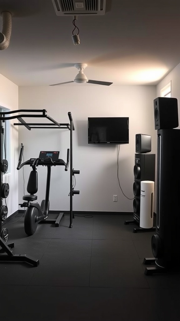 A home gym featuring exercise equipment and a sound system