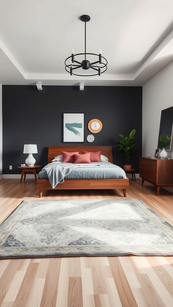 Modern bedroom with a statement rug, wooden bed, and dark walls.