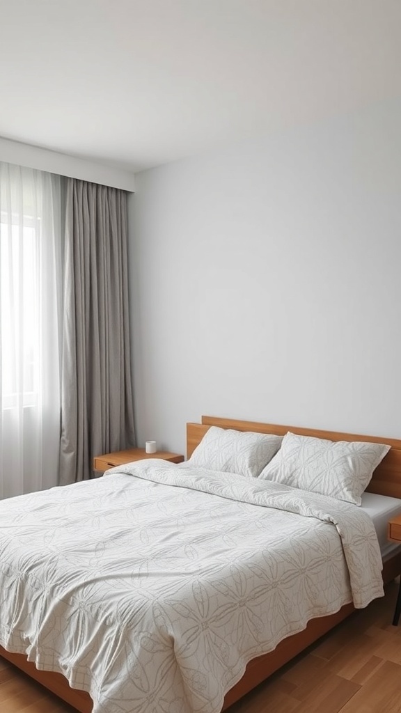 A neutral teen girl bedroom featuring a bed with subtle patterned bedding and soft gray curtains.