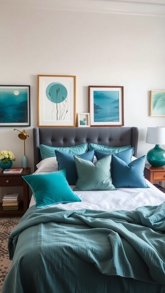 A cozy teal-themed bedroom with various teal accessories including pillows, bedding, and wall art.