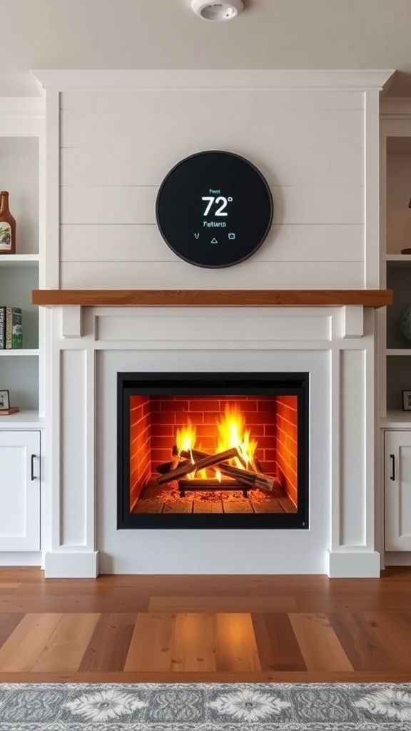 A modern farmhouse fireplace with a sleek design and warm flames.