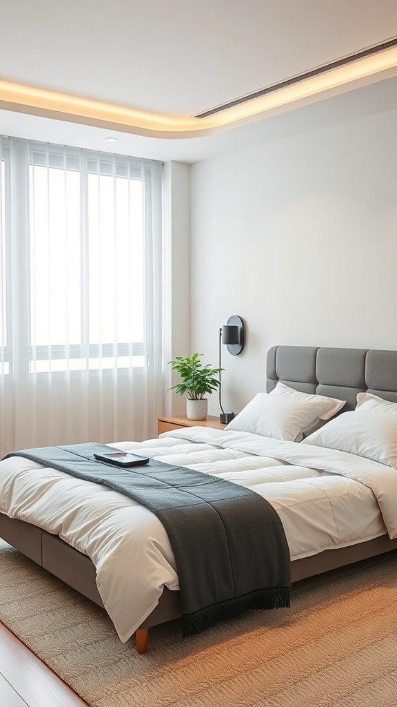 A modern bedroom with smart lighting and a cozy atmosphere.