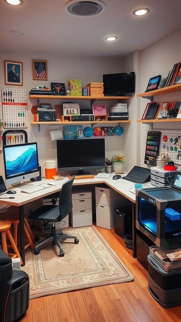 A cozy hobby room with a computer desk, shelves filled with supplies, and a warm rug.