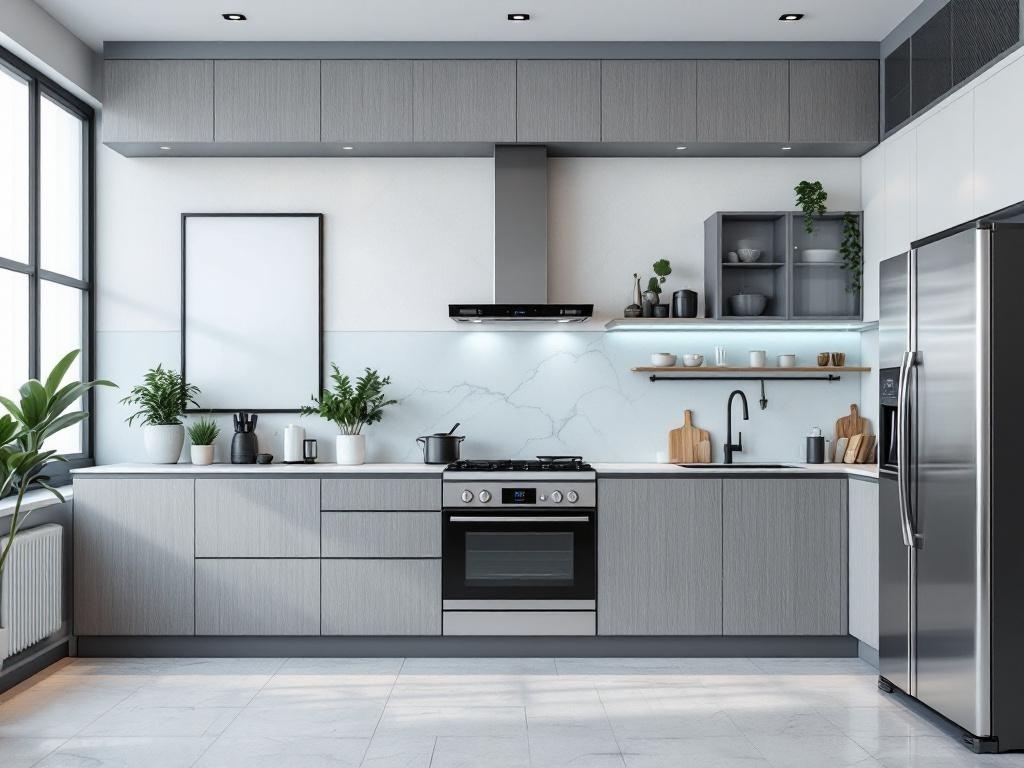 A modern kitchen with sleek cabinets, stainless steel appliances, and under-cabinet lighting.
