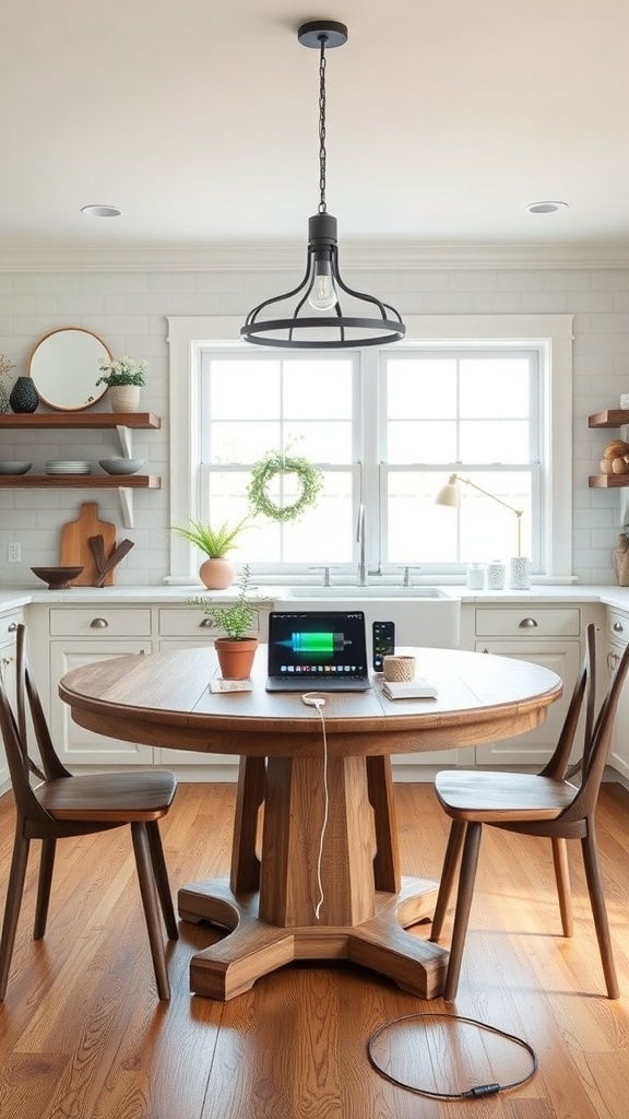 A round farmhouse kitchen table with a tablet and charging cable on it, surrounded by wooden chairs.