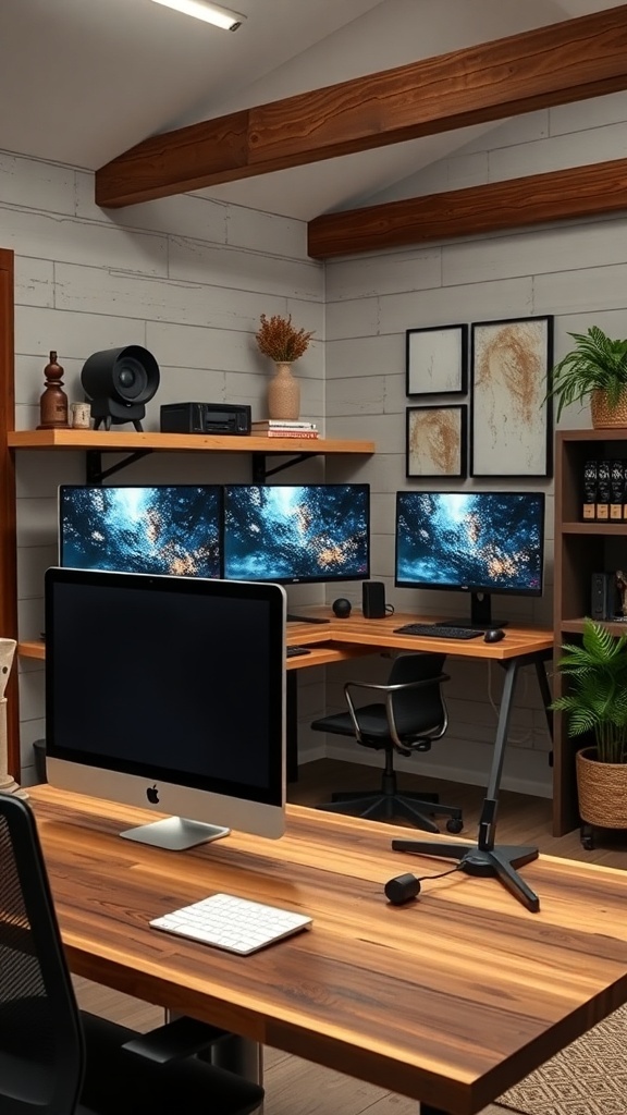 A modern farmhouse office featuring wooden furniture, a computer setup, and decorative plants.