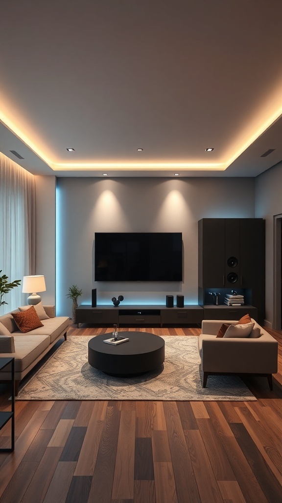 Modern living room with smart technology and cozy furniture.