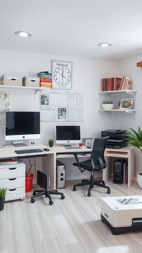 A modern craft room with two computers, a printer, and organized shelves.