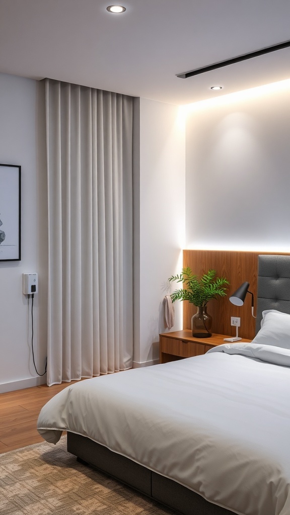 A modern teen girl's bedroom featuring smart lighting, a charging station, and a stylish design.