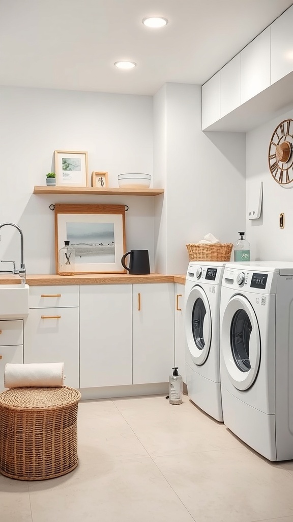 A modern laundry room featuring white appliances, wooden accents, and a clean design.