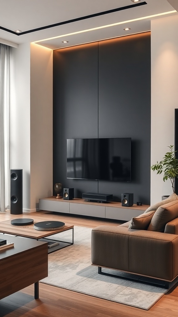 A modern living room featuring a sleek TV on a dark wall, minimalist speakers, and stylish furniture.