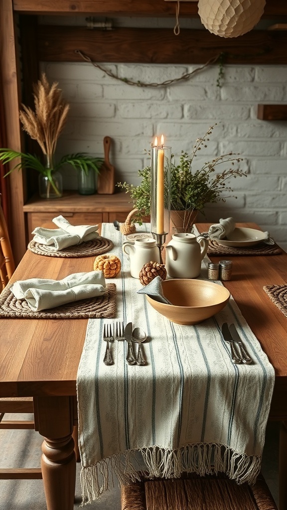 A rustic dining table set with a soft table runner, plates, and decorative elements.