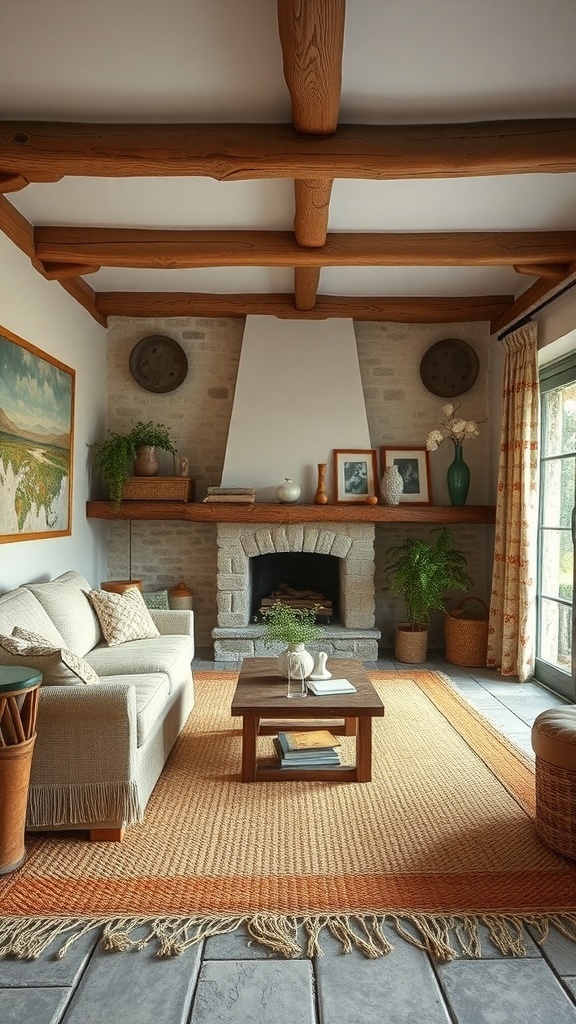 A cozy cottage living room with textured surfaces, including a woven rug and wooden beams.