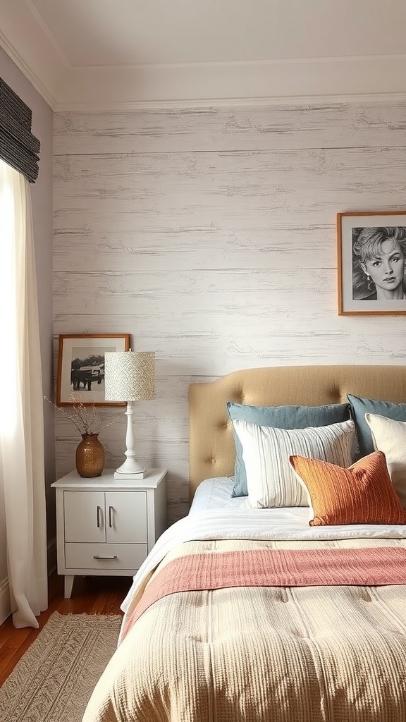 A cozy bedroom with a textured wall treatment featuring white wooden panels.