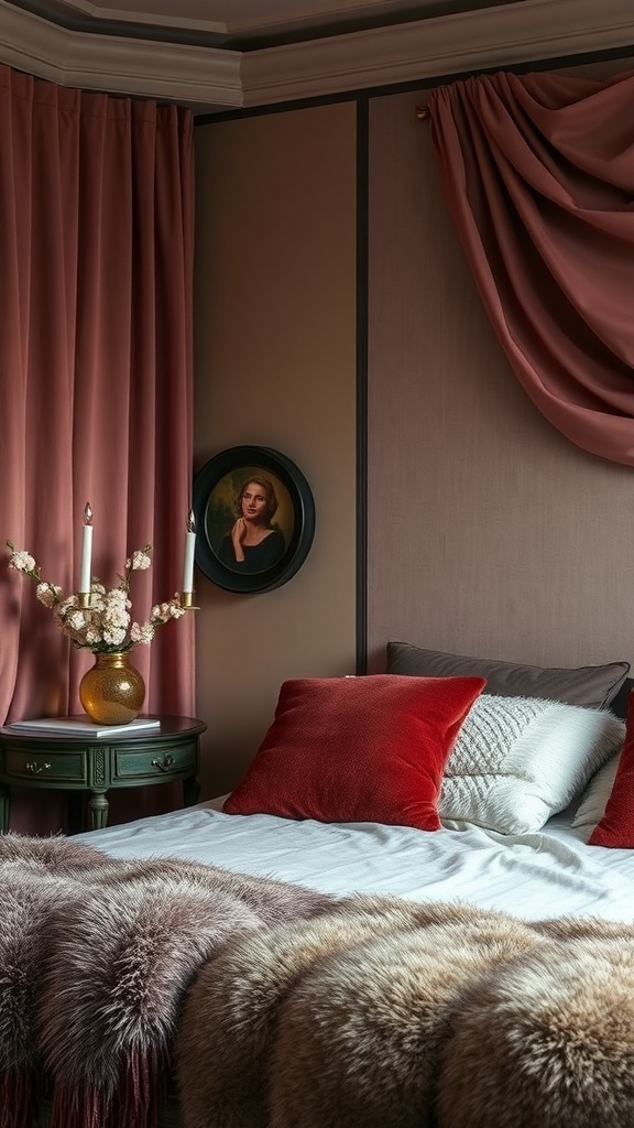 Luxurious bedroom interior with rich textures, including plush bedding, elegant curtains, and decorative elements.