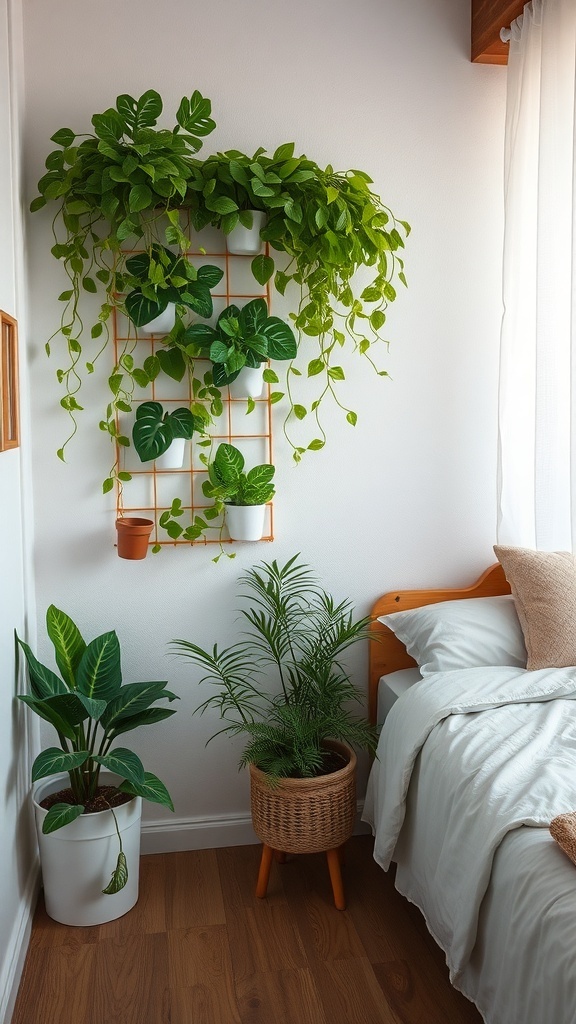 A small bedroom featuring a vertical garden with various plants on a wall, alongside a bed and additional potted plants.