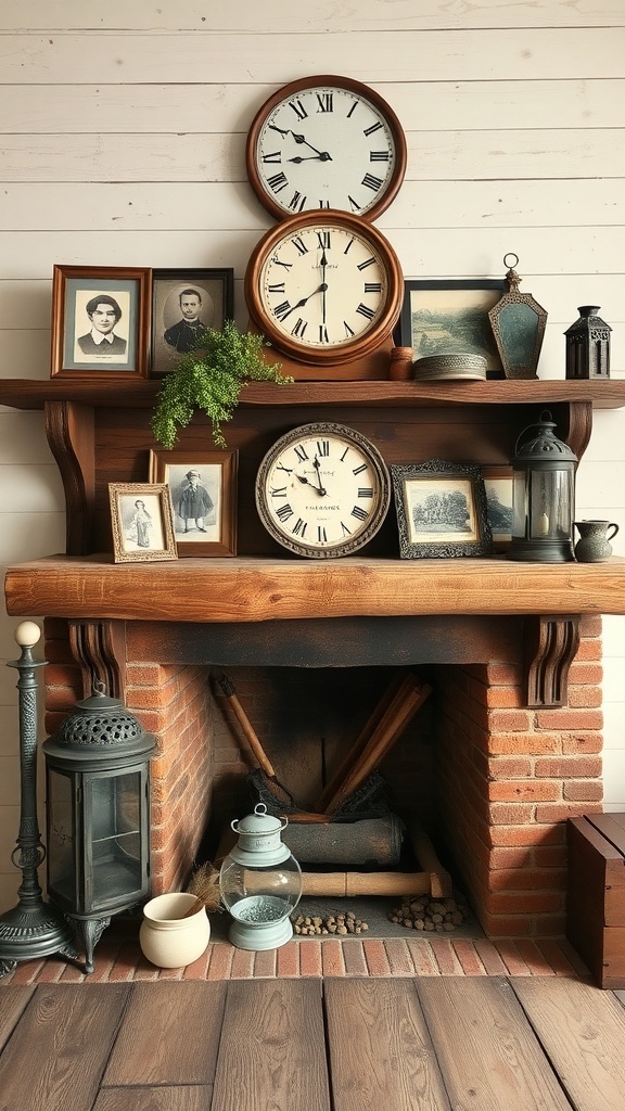 A rustic farmhouse fireplace with vintage decor, including clocks and framed photos.
