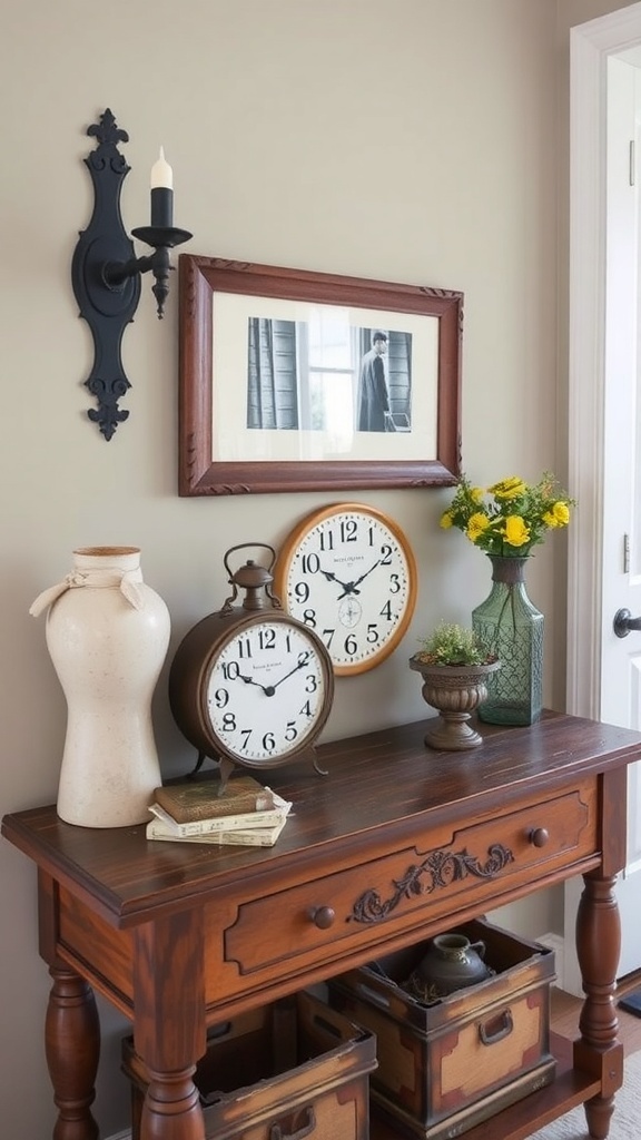 A rustic entryway table with vintage books, a clock, and a vase of greenery.