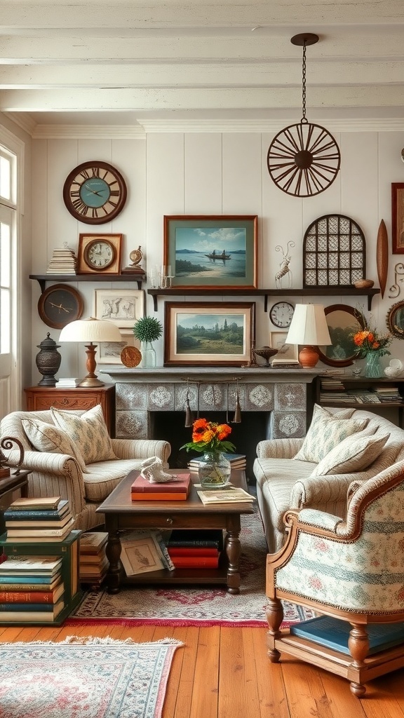 A cozy cottage living room with vintage decor including clocks, paintings, and books.