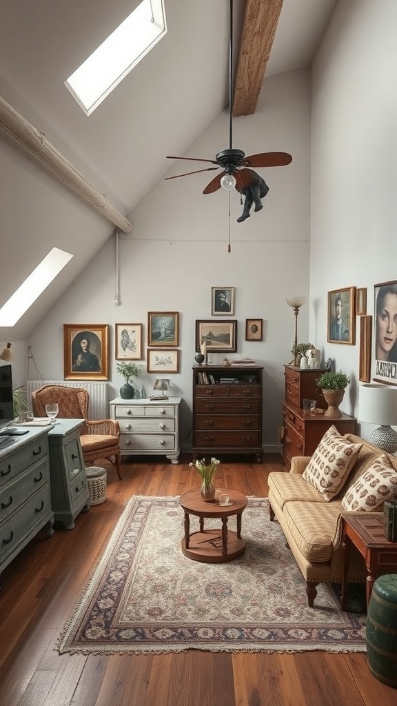 A cozy loft bedroom featuring vintage decor, wooden beams, large windows, and various antique furniture pieces.