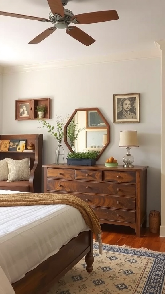 A vintage dresser with decor items in a modern rustic bedroom.