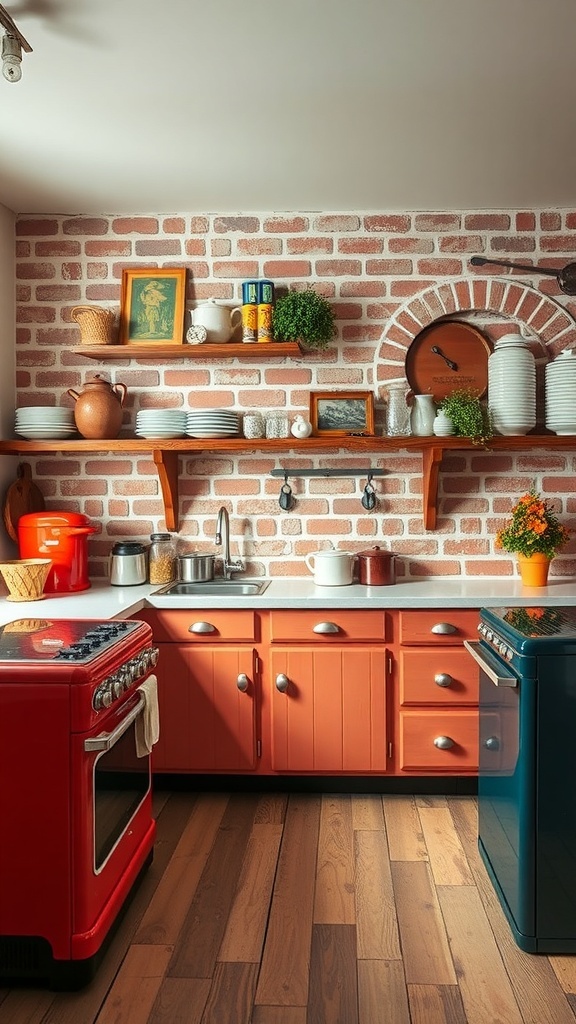 A cozy farmhouse kitchen featuring a brick backsplash, orange cabinets, and colorful appliances.