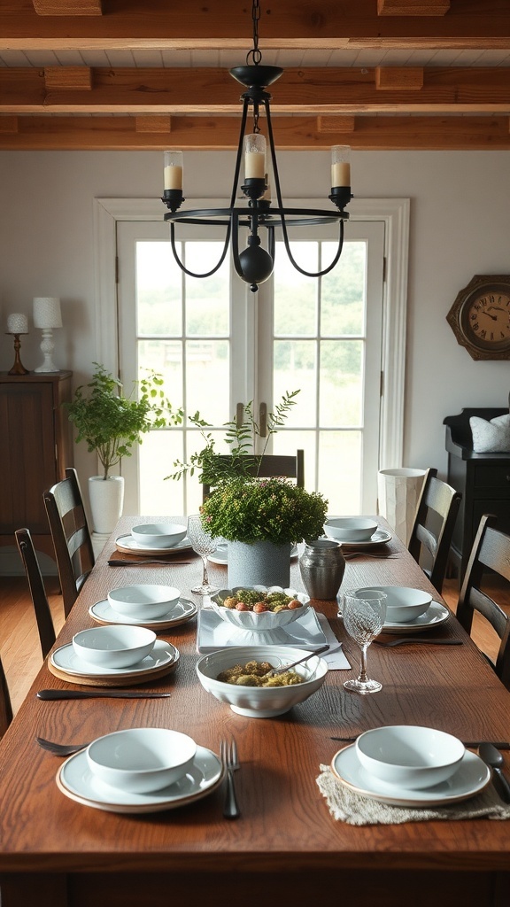 A modern farmhouse dining table set with vintage elements, featuring white dishes and a rustic centerpiece.