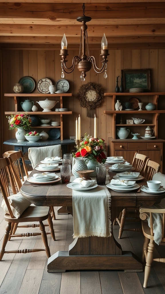 A rustic farmhouse dining table set with vintage plates, glassware, and a floral centerpiece.