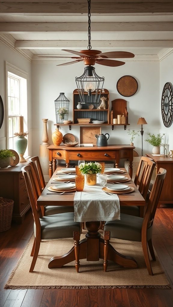 A cozy modern farmhouse dining room featuring vintage furniture and decor.