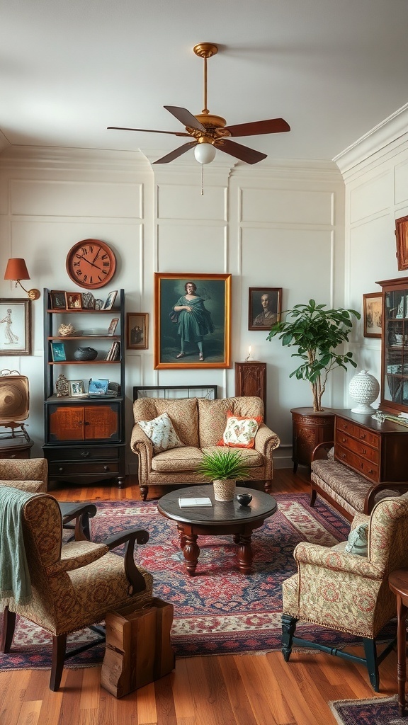 A cozy fall living room featuring vintage furniture, artwork, and plants.