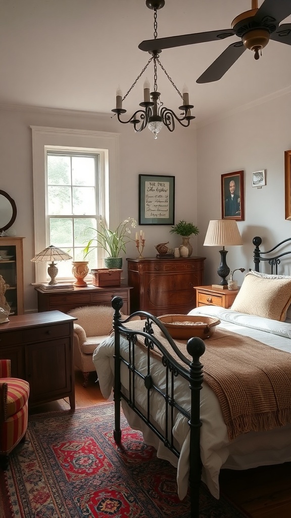 A cozy master bedroom featuring vintage furniture and decor.