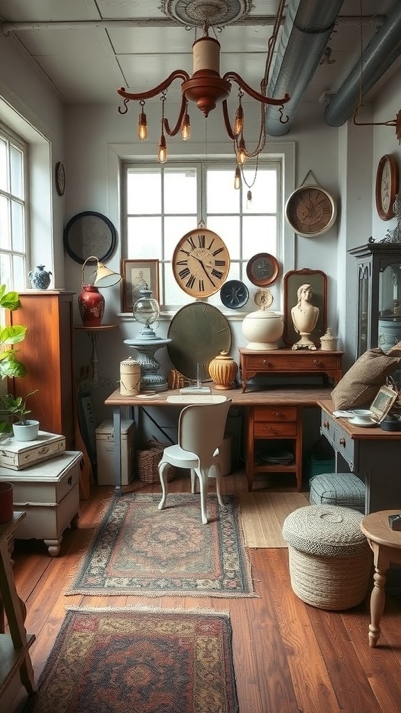A cozy craft room filled with vintage decor, including clocks, vases, and a rustic desk.