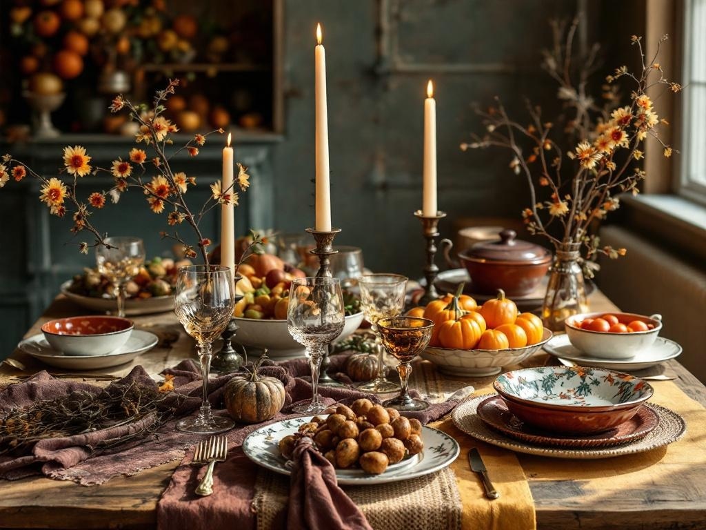A boho Thanksgiving table featuring vintage dishes, glassware, and natural elements.