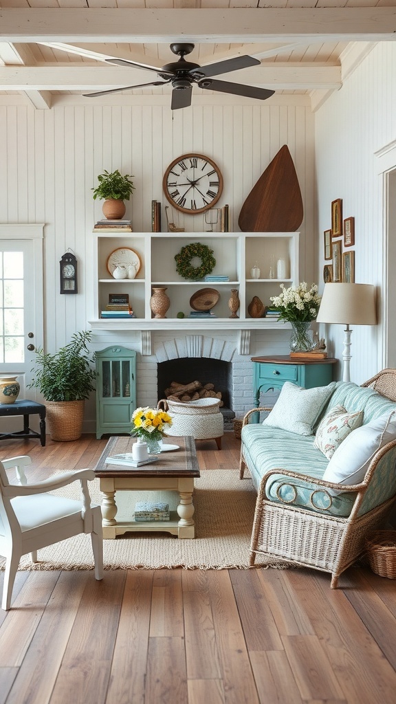 Coastal cottage living room with vintage decor and a cozy atmosphere.