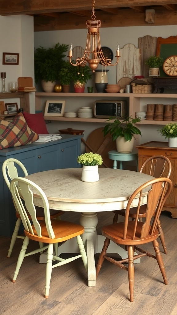 A cozy round farmhouse kitchen table with mismatched chairs and a simple floral centerpiece.