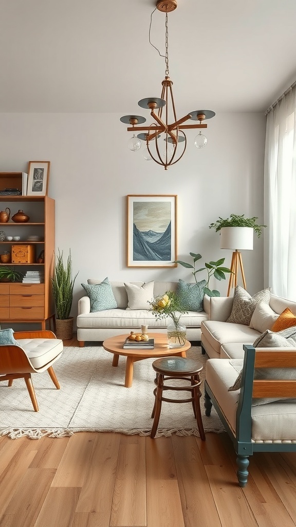 A cozy living room featuring vintage decor elements.