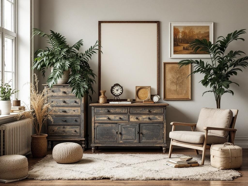 A cozy room featuring vintage furniture, plants, and neutral decor.