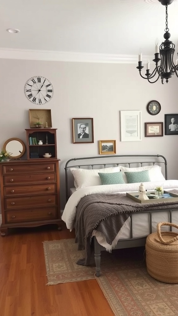 A neutral bedroom featuring vintage decor elements like a wooden dresser, wall clock, and framed art.