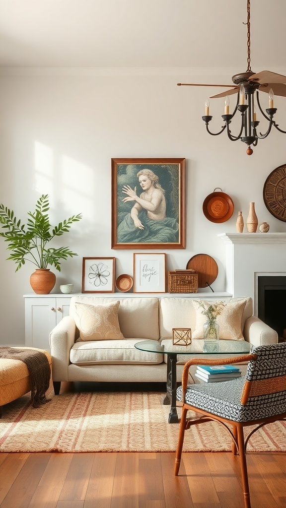 A cozy living room featuring vintage decor, including a painting, woven baskets, and a comfortable sofa.