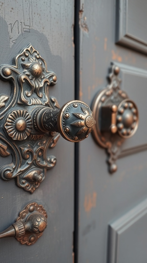 Close-up of vintage door hardware on a rustic front door.